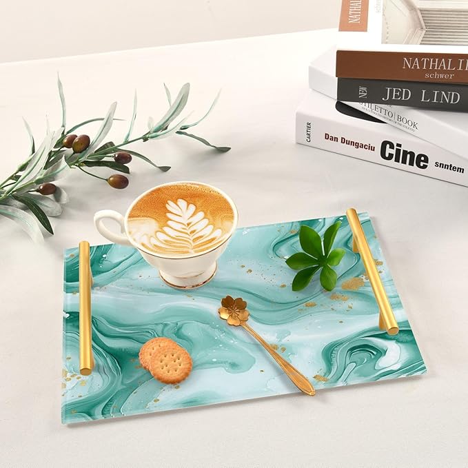 Watercolor Teal Marble Acrylic Serving Tray with Handles Bathroom Counter Trays Marbling Stone Decorative for Coffee Kitchen Desk Organizer Makeup Storage Tray