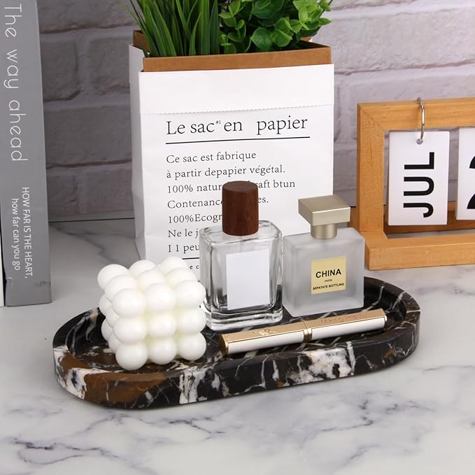 Oval Marble Bathroom Vanity Tray, Natural Luxury Marble Home Kitchen Bathroom Table Tray, Stone Decorative Countertop Serving Trays for Coffee Perfume Jewelry Makeup