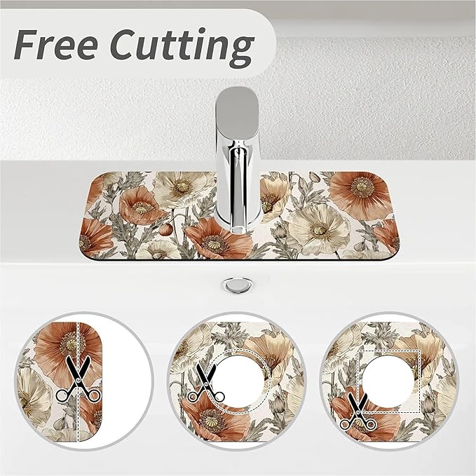Kitchen Sink Splash Guard，orange and brown poppies Faucet Mat Sink Gadgets-Super Absorbent Fast Drying Mat Drip Catcher for Kitchen, Bathroom,Sink Mat, Dish Drying Mat, Bathroom(15" X 5.5" )