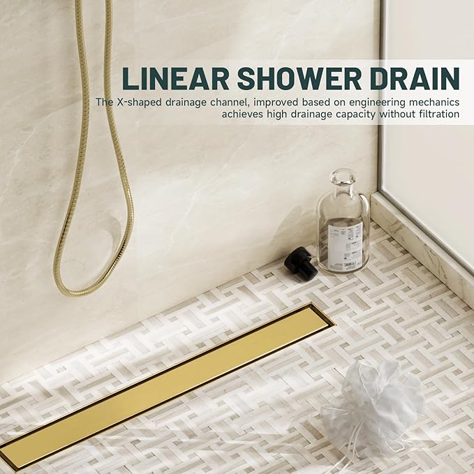 24-Inch Linear Shower Floor Drain, Stainless Steel Bathroom Floor Drains, Rectangular Shower Trench Floor Drain, Hair Strainer, Brushed Gold