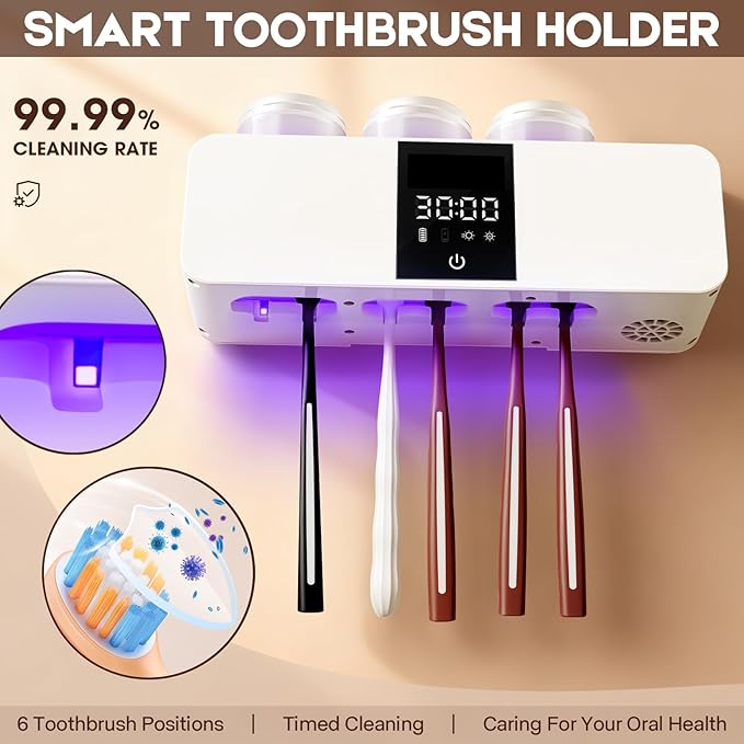 Smart 6-Slot Toothbrush Holder with Hygiene System, LED Display & 3 Cups – Wall-Mounted & Rechargeable, White