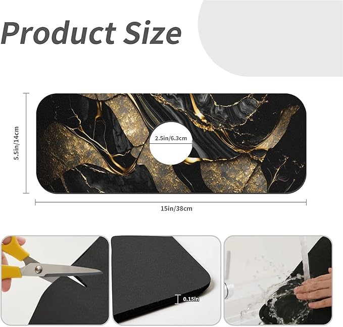 Kitchen Sink Splash Guard，Black and metallic gold marble Faucet Mat Sink Gadgets-Super Absorbent Fast Drying Mat Drip Catcher for Kitchen, Bathroom,Sink Mat, Dish Drying Mat, Bathroom(15" X 5.5" )
