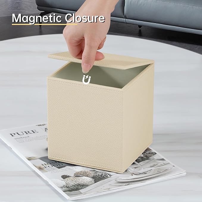 PU Leather Tissue Box Cover Square Tissue Box Holder with Magnetic Closure, Decorative Tissue Holder for Bathroom Bedroom Office (Beige)