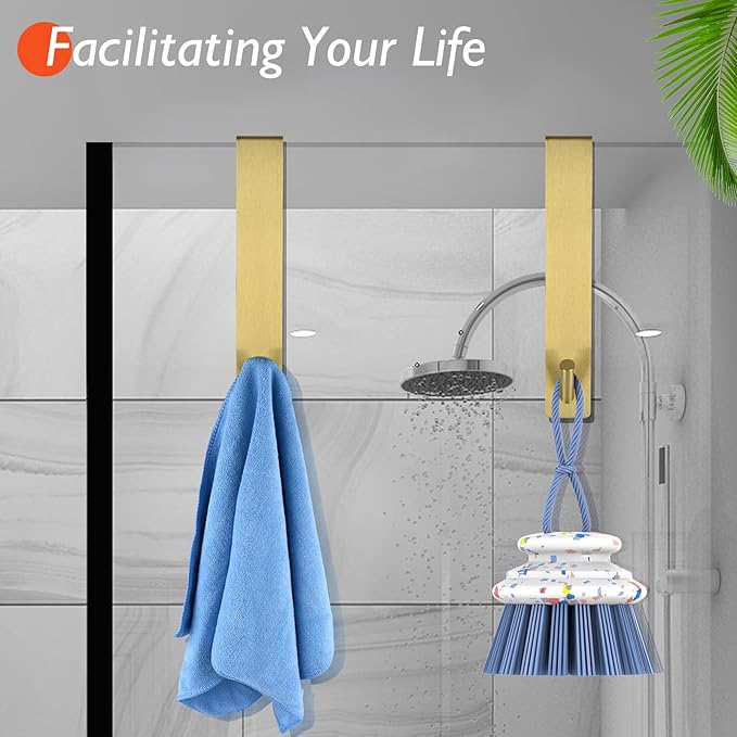 Shower Door Hooks(7.5 Inch),Extended Over Door Hooks for Bathroom Frameless Glass Shower Door,Stainless Steel Towel Hooks,Heavy Duty Rack Hooks for Robe,Towel-3 Pack-Gold