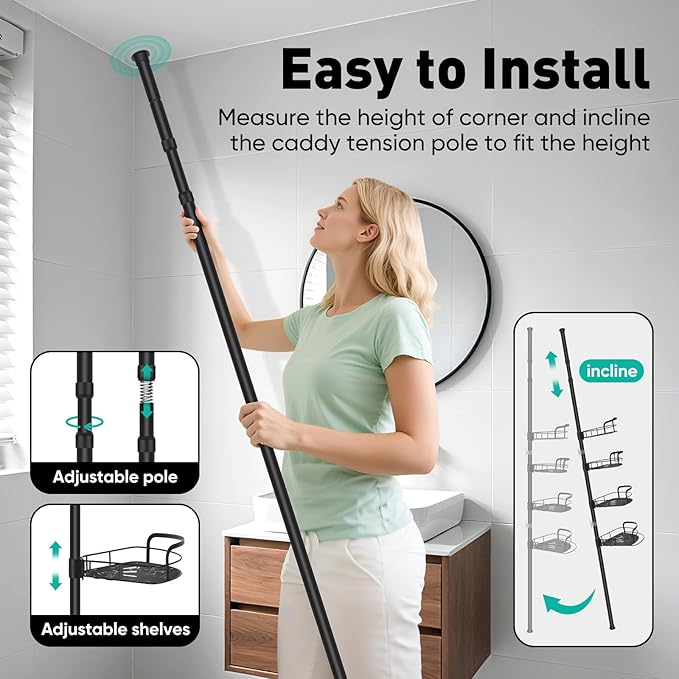 BlumWay Corner Shower Caddy Tension Pole, 4-Tier Adjustable Shower Organizer Shelves, Rustproof Bathroom Shower Organizer Corner Shelf for Bathtub Shampoo Storage, 32 to 116.5 Inch Height