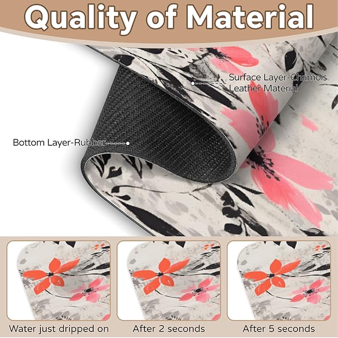 Gray Background Floral Kitchen Faucet Mat Splash Guard, 15.4”x5.7” Absorbent Quick Drying Sink Mat for Countertop Protection, Draining Mat Sink Protectors For Kitchen Bathroom, 2 Pack