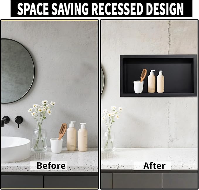 Shower Niche 12×24in Recessed Wall Niche Stainless Steel Shower Shelf No Tile Needed for Add Storage, Black