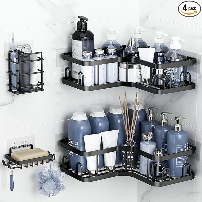 Veken Corner Shower Caddy 4-Pack, Advanced Rustproof Design, No Drilling Adhesive Shelves, Rack with Soap Holder, Large Capacity Bathroom Organizers and Storage, Wall-Mounted Kitchen & Home Decor