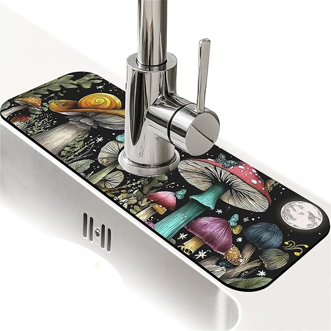Kitchen Sink Splash Guard，Snail and Mushroom Faucet Mat Sink Gadgets-Super Absorbent Fast Drying Mat Drip Catcher for Kitchen, Bathroom,Sink Mat, Dish Drying Mat, Bathroom(15" X 5.5" )