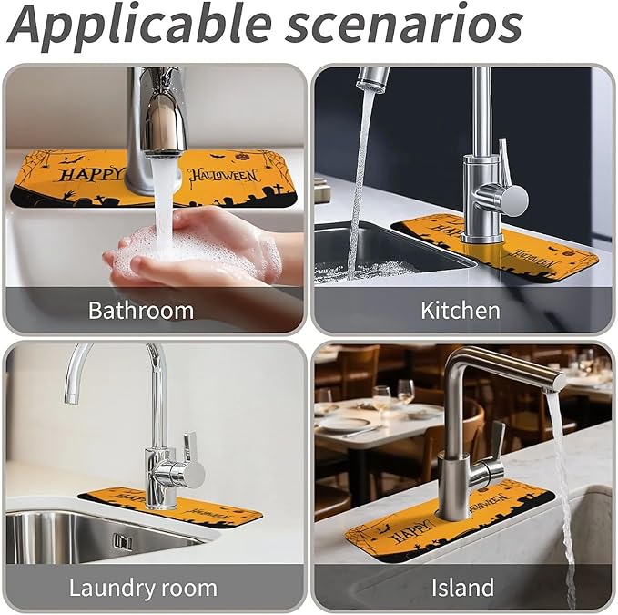 Faucet Draining Mat For Kitchen Sink, Halloween Bats Spider Webs Diatom Mud Absorbent Drain Pad For Bathroom Kitchen Sink Splash Guard Drying Mat