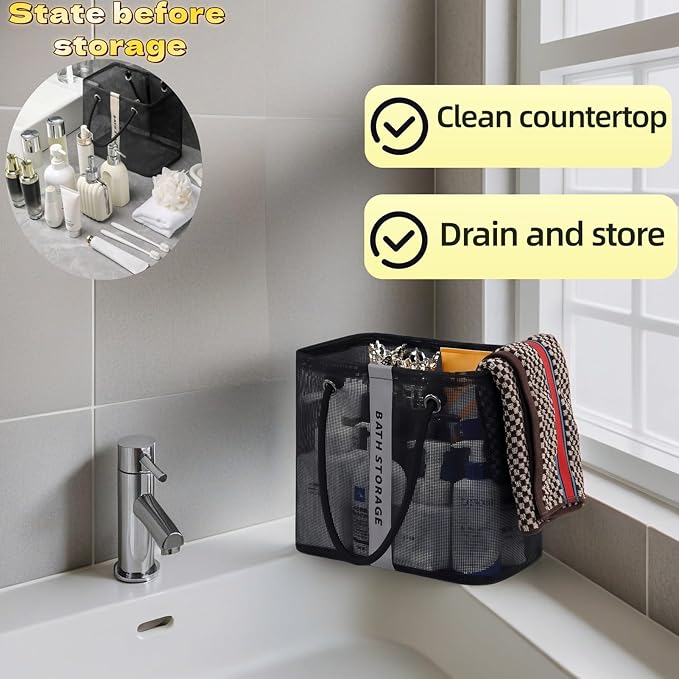 Large Shower Caddy with Wide Mouth, Foldable Mesh Organizer for Bathroom, College Dorm, Gym & Camping - Heavy Duty Cotton Handle, Quick-Dry Storage for Toiletries