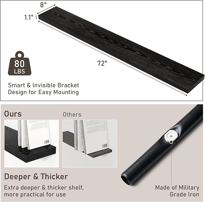 Fun Memories 72 Inch Floating Shelves for Wall 8 Inch Deep Black Shelves Set of 2, Wall Mounted Rustic Wood Long Floating Shelf, Large Display & Storage Shelf with Invisible Brackets