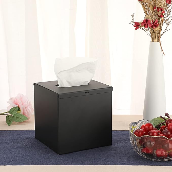 Sumnacon Square Tissue Box Cover - Stylish Cube Stainless Steel Tissue Box Holder, Modern Metal Facial Tissue Holder for Dresser Table Night Stand Bathroom Vanity Home Office Bar Wall Decor, Black