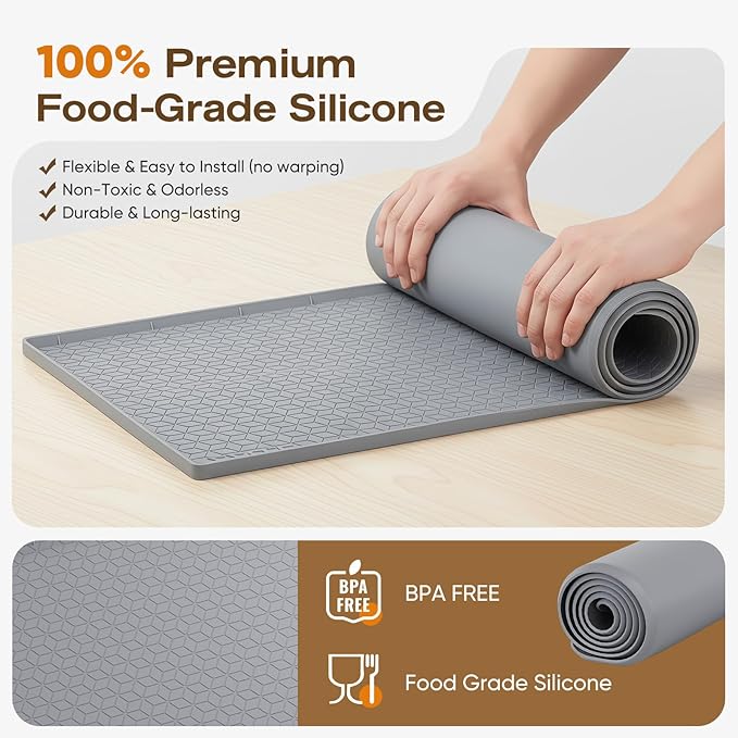 TRZZ Silicone Waterproof Under Sink Mat 31" x 22", Drip Tray and Cabinet Liner for Kitchen and Bathroom, Prevents Water Damage and Organizes Cabinets (Grey)