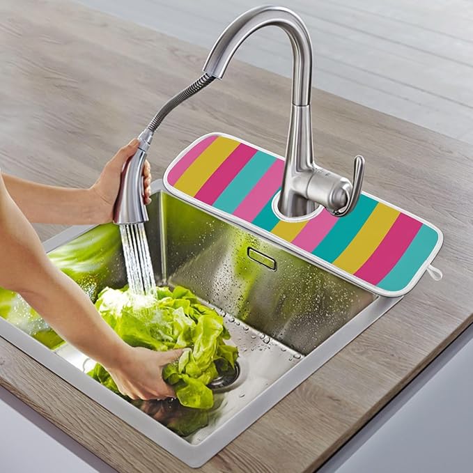 2 PCS Kitchen Sink Splash Guard 14.9 Inch Faucet Mat for Kitchen Sink Bathroom Sink Faucet Absorbing Drip Drain Mat Pad Microfiber Soft Washable Colorful Stripes