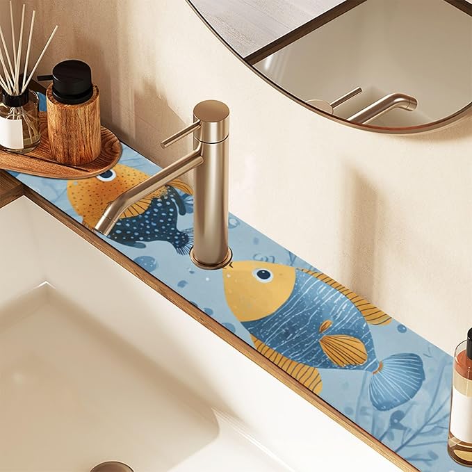 Blue Tropical Fish Bubbles Kitchen Sink Splash Guard Faucet Mat Diatomite Absorbent Pad for Bathroom RV 30x5.4in 1PCS water