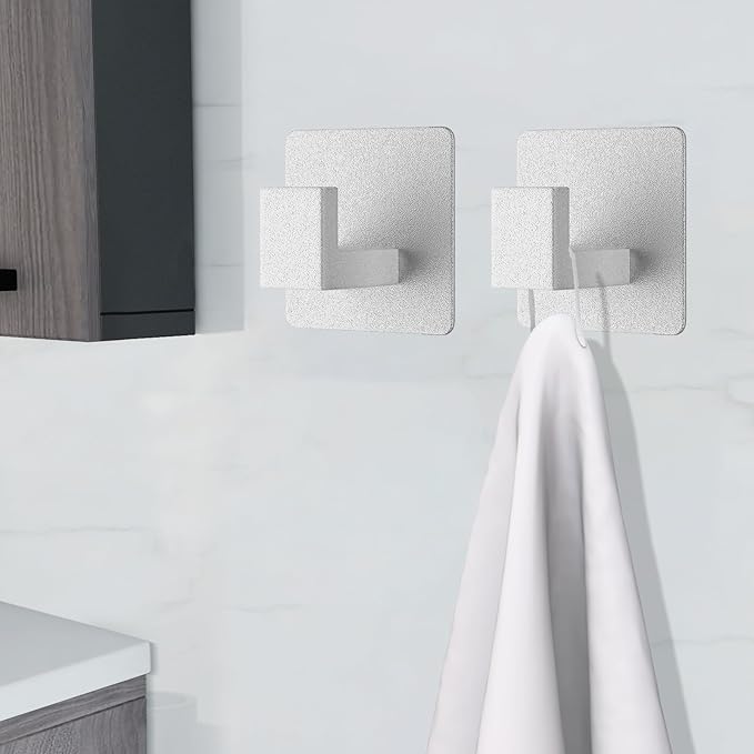 VAEHOLD Adhesive Towel Hooks, Heavy Duty Wall Hooks Aluminum Black Hooks for Hanging Coat, Hat, Towel, Robe, Clothes, Shower Hook for Door, Office, Kitchen, Bathroom - 2 Pack (Silver)