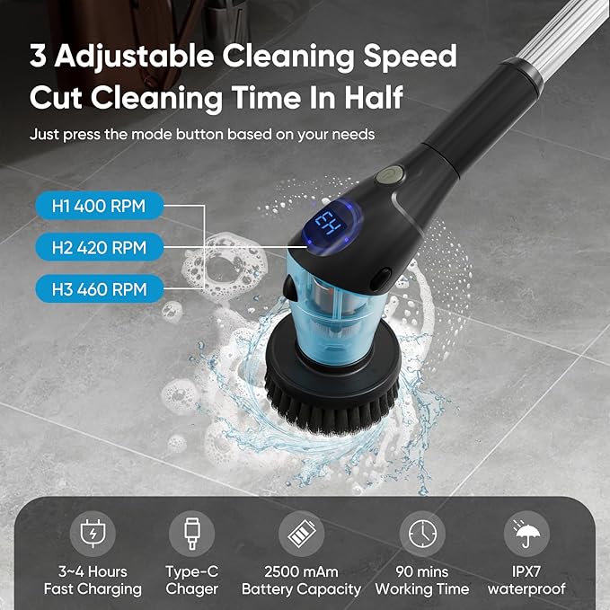 Electric Spin Scrubber, Asknoon Upgraded Power Cordless Shower Scrubber, 8 Replacement Heads, 1.5H Adjustable Bathroom Scrubber 3-Speed Up to 460 RPM with Extension Arm for Bathtub Tile Floor (Black)