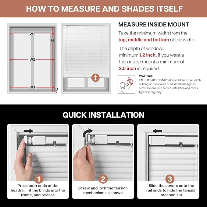 LazBlinds No Tools No Drill Cordless 1" Vinyl Mini Blinds, 100% Privacy S-Curve Blinds for Indoor Windows, Room Darkening Horizontal Window Blinds and Shades for Home, 39" W x 64" H, Beige