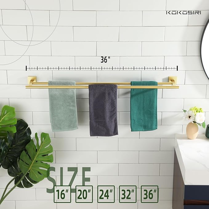 KOKOSIRI Bathroom Towel Bar 36'' Towel Holder with Two Rails Wall Mount Towel Shelves 36 Inch Brushed Gold Stainless Steel B5005BG-L36