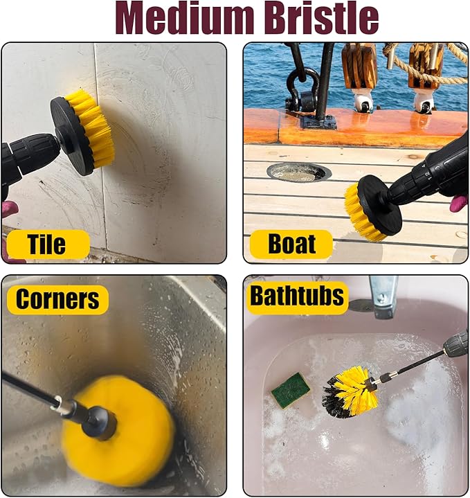 8Pcs Drill Brush Attachment Set, 7Pcs 1/4in Power Scrubber + Extend Long Attachment, Power Cleaning Scrub Brush for Bathroom, Tub, Tile, Corner