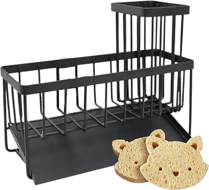 Black Stainless Steel Sponge Holder for Kitchen Sink with Rotating Drain Spout and High Brush Holder — Stainless Steel Sink Organizer for Sponges, Brushes, Soap and Bottles, Includes 2 Bear Sponges