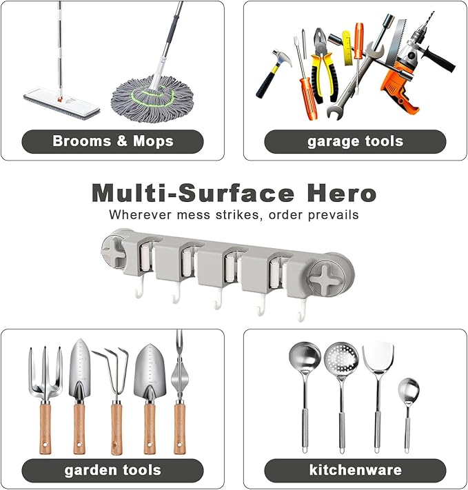 Removable No-Drill Mop Holder & Broom Holder Wall Mount Suction Cup Broom Hanger with 4 Slots & 5 Hooks for Laundry Room Organization Kitchen Garage – Mop and Broom Holder Wall Hanging Tool Organizer