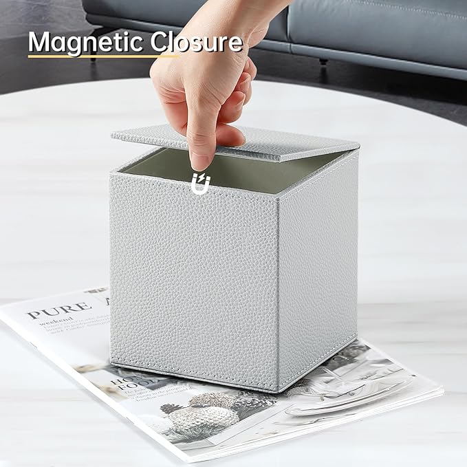 PU Leather Tissue Box Cover Square Tissue Box Holder with Magnetic Closure, Decorative Tissue Holder for Bathroom Bedroom Office (Grey)