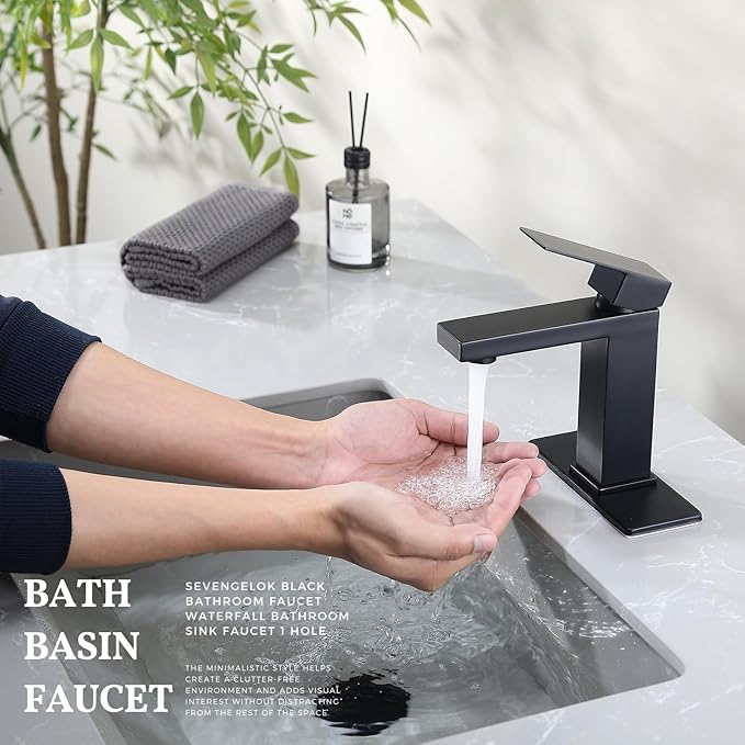 Black Bathroom Faucet Bathroom Sink Faucet SUS304 Stainless Steel for 1 Hole or 3 Holes Sink Single Handle Faucet One Hole with Pop Up Drain with Overflow Modern Vanity Faucets, SF3P-BK