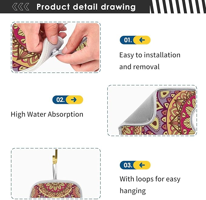 Sink Faucet Absorbing Mat Kitchen Sink Splash Guard Splash Faucet Drip Catcher for Bar RV Bathroom 2PCS 30x5.5in Mandala Pattern Purple and Orange
