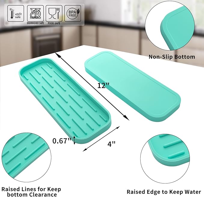 Silicone Kitchen Sink Organizer Tray for Multiple Usage,Eco-Friendly Sponges Holder for Kitchen Bathroom Counter or Sink,Dish Soap Dispenser,Scrubber,Bottle,Cup (Mint, 12"×4")