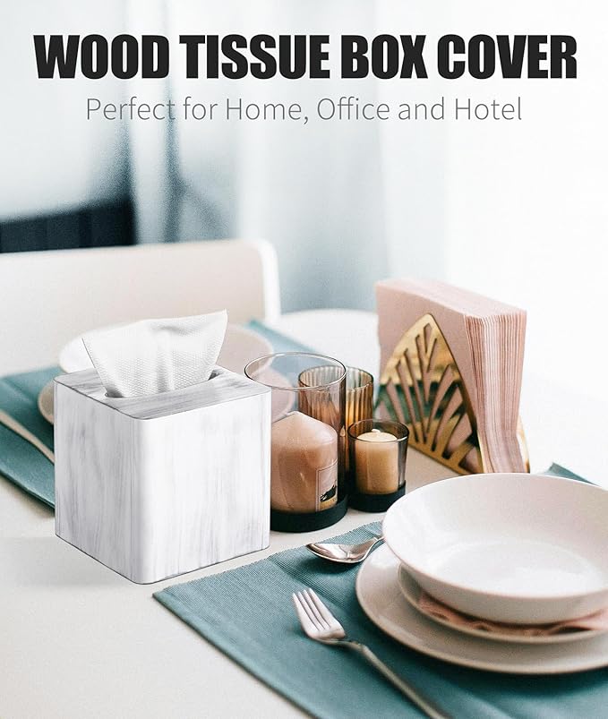 Livelab Tissue Box Cover Square - Oak Wood Tissue Box Holder for Living Room, Dinner Table, Bathroom, Office - Decorative Wooden Cube Facial Tissue Cover for Modern Farmhouse Home Decor | Whitewash