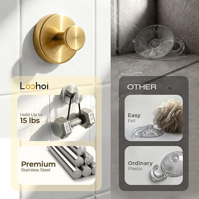Upgraded Suction Cup Hooks for Shower, Heavy Duty Removable Towel Hooks for Bathroom Glass Door Wall, Stainless Steel Shower Hooks for Towel & Loofah (4 Pack, Gold)