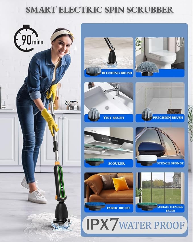 Smart Electric Spin Scrubber PRO| 2025 New Upgraded Quiet Cordless Shower Scrubber with 8 Replaceable Brush Heads|IPX7 Waterproof for Bathroom Tile Grout Kitchen Oven & Floor|Powerful and Efficient