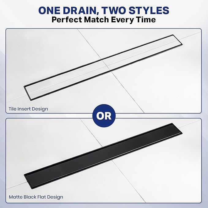 Linear Shower Drain 24 inch Matte Black with 2-in-1 Flat & Tile Insert Cover - 304 Stainless Steel Shower Floor Drain - Bathroom Drain with Reversible Cover & Hair Catcher - Includes Cleaning Tools