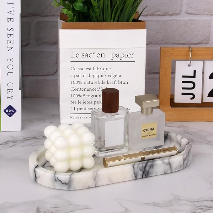 Oval Marble Bathroom Vanity Tray, Natural Luxury Marble Home Kitchen Bathroom Table Tray, Stone Decorative Countertop Serving Trays for Coffee Perfume Jewelry Makeup (Lilac, 10 * 5 * 0.6)