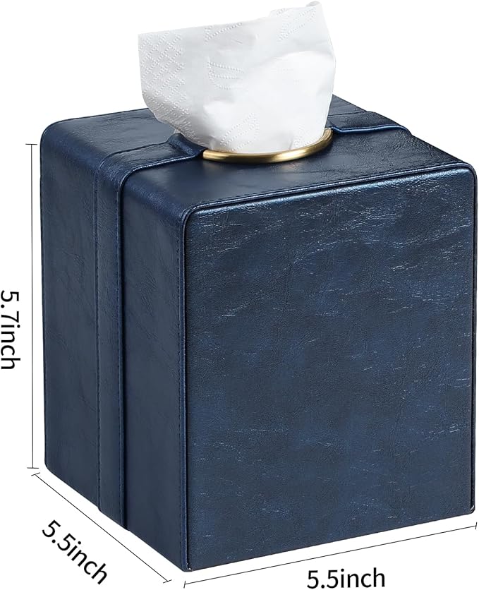 Luxury Square Tissue Box Cover, PU Leather Tissue Box Holder with Magnetic Closure and Gold Decorative Grommets for Bathroom Bedroom, Decorative Elegant Cube Tissue Holder (Blue)