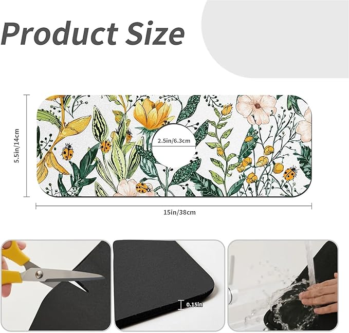 Kitchen Sink Splash Guard，Plants flowers ladybugs Faucet Mat Sink Gadgets-Super Absorbent Fast Drying Mat Drip Catcher for Kitchen, Bathroom,Sink Mat, Dish Drying Mat, Bathroom(15" X 5.5" )