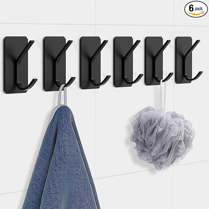 PMMASTO Self-Adhesive Towel Hooks - Sticky Heavy Duty Wall Robe Coat Hook for Hanging- Shower Hooks (Black, “ K ”Shape 6PC)