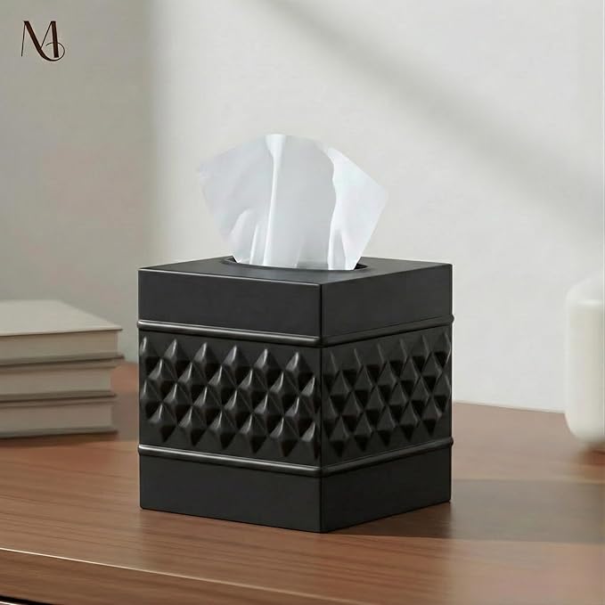 Monarch Abode Tissue Box Cover Square – Handcrafted Geo Embossed Black Metal Tissue Holder Box for Bathroom Accessory, Aesthetic Decorative Facial Napkin Cube for Modern Home Decor