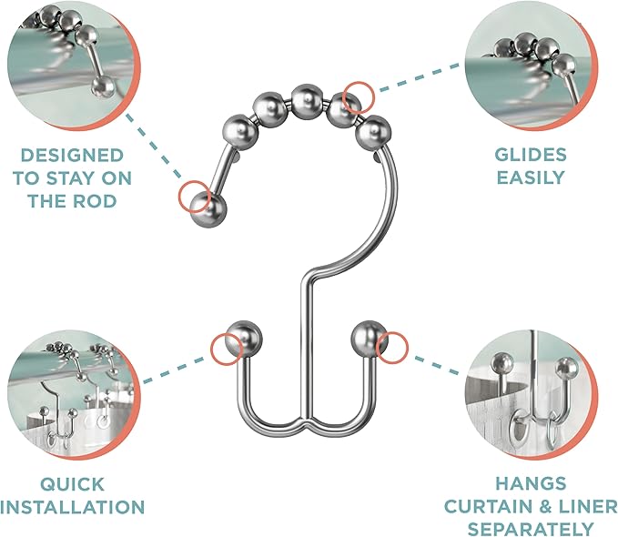 Maytex Shower Curtain Hooks, Shower Curtain Rings, Rust-Resistant Decorative Double Roller Glide Shower Hooks, Shower Rings for Bathroom Shower Rods, Curtains, Liners, Set of 12, Brushed Nickel