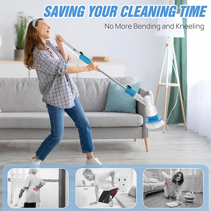 Electric Spin Scrubber 3200RPM Cordless Cleaning Brush - Adjustable Extension Handle (56cm to 105cm), Cordless Power Shower Scrubber with 3 Brush Head for Bathroom, Tub, Tile, Floor