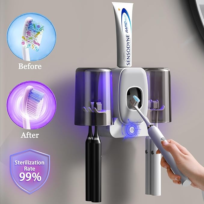 Toothbrush Holders for Bathrooms,Rechargeable Cordless Wall Mounted Tooth Brushing Holder,Electric Toothbrush Holder with 2 Cups,4 Toothbrush Slots,Toothpaste Dispenser (Grey)