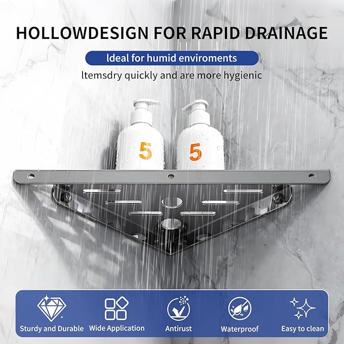 2 Pack Corner Shower Shelf,10" 304 Stainless Steel Bathroom Shelves Add 6 Hooks 40 lbs Heavy Duty Capacity Durable Bathroom Shower Shelf for Inside Shower Drilling Installation (Silver)