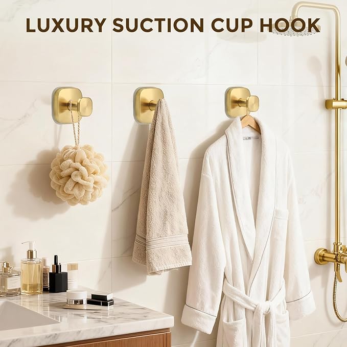 Suction Cup Hooks for Shower, No-Drill Towel Hooks for Bathrooms, Kitchen, Glass Door, Mirror, Tile, Shower Suction Hooks for Hanging Towels, Robe, Loofah, Christmas Wreath (Gold, 2 Pack)