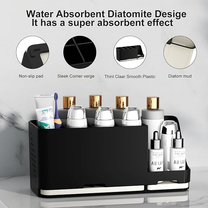 JUMEIHUI Bathroom Countertop Organizer with Water Absorbent Diatomite,8 Slots Bathroom Toothbrush Holder with Adjustable Dividers,Bathroom Sink Organizer Countertop (Black)