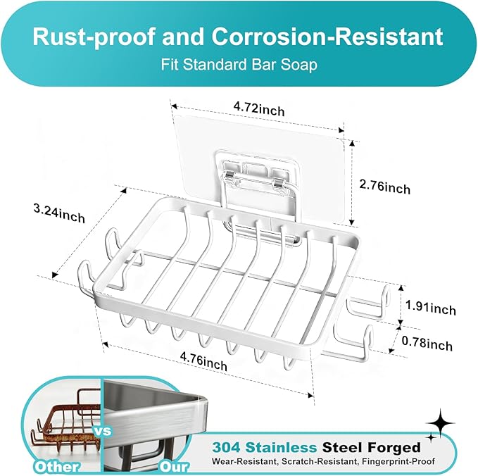 White Soap Holder,201 Stainless Steel Soap Dish for Shower - Soap Racks - Comfortable Wash Shower Shelf - Anticorrosive,Rust-Proof and Waterproof Square Bar Soap Holder