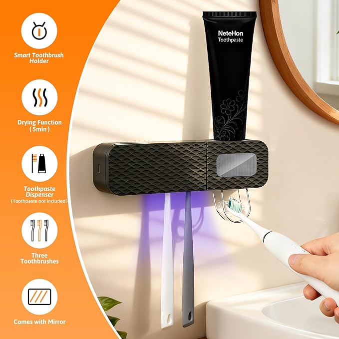 Smart Toothbrush Holder, Wall Mounted Toothbrush Holder with Toothpaste Dispenser, Drying Function and 3 Toothbrush Slots for Bathroom (Black)