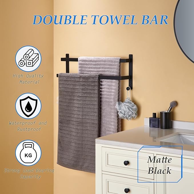 24 Inch Double Towel Bar with Hooks Matte Black, Stainless Steel Bath Shower Towel Rack Wall Mounted Towel Rod Holder for Bathroom