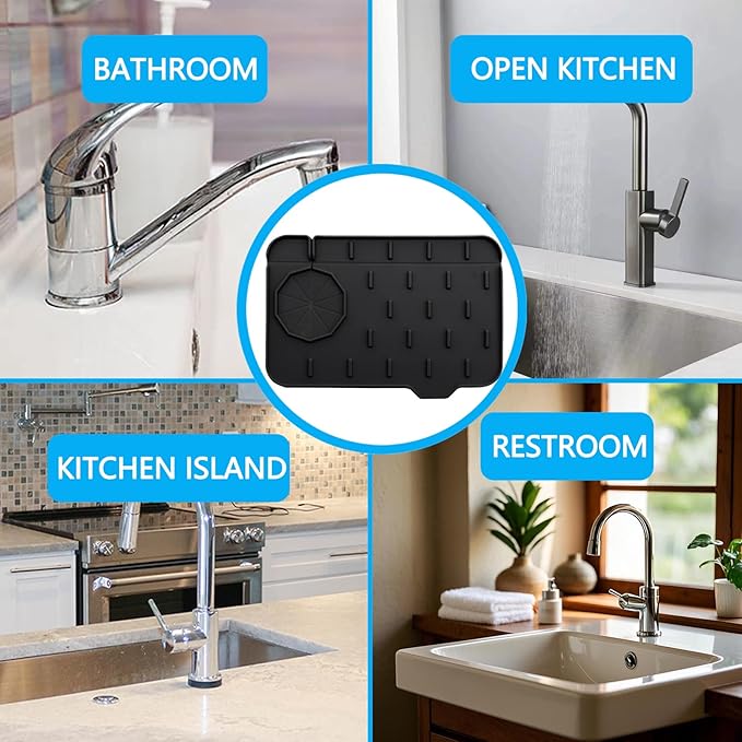 Mini Sink Splash Guard & Faucet Mat for Kitchen Sink Compact 8.3" Kitchen Faucet Splash Guard Mat, Small Kitchen Sink Organizer & Sponge Holder for Kitchen, Bathroom, Corner Sink (Black)